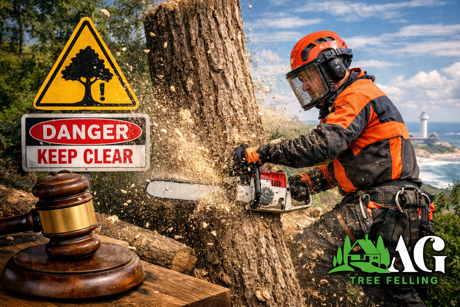 Professional Tree Felling Action โ Port Elizabeth & Eastern Cape Arborist in orange safety gear cutting a large tree with a chainsaw, sawdust flying, danger signs visible, AG Tree Felling logo bottom right.